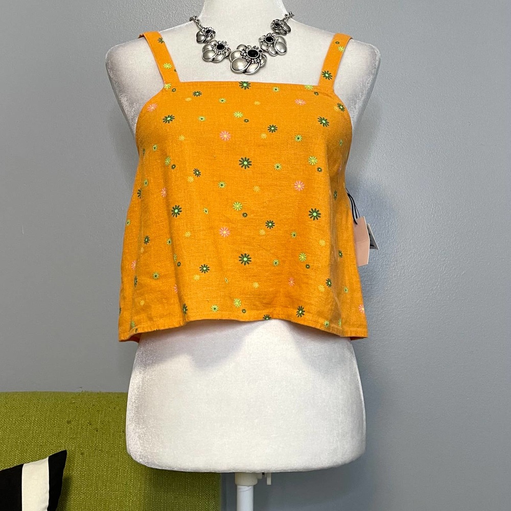 Abound Orange Retro Floral Linen Crop Tank Top NEW Small